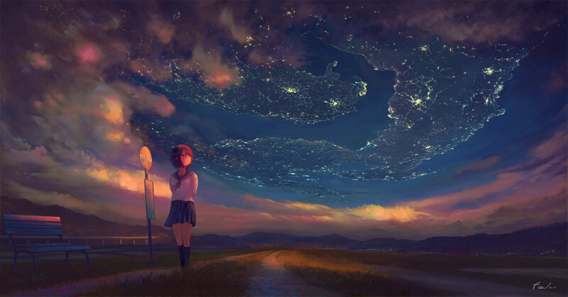 Girl in School Uniform — Purple, Dramatic, Night