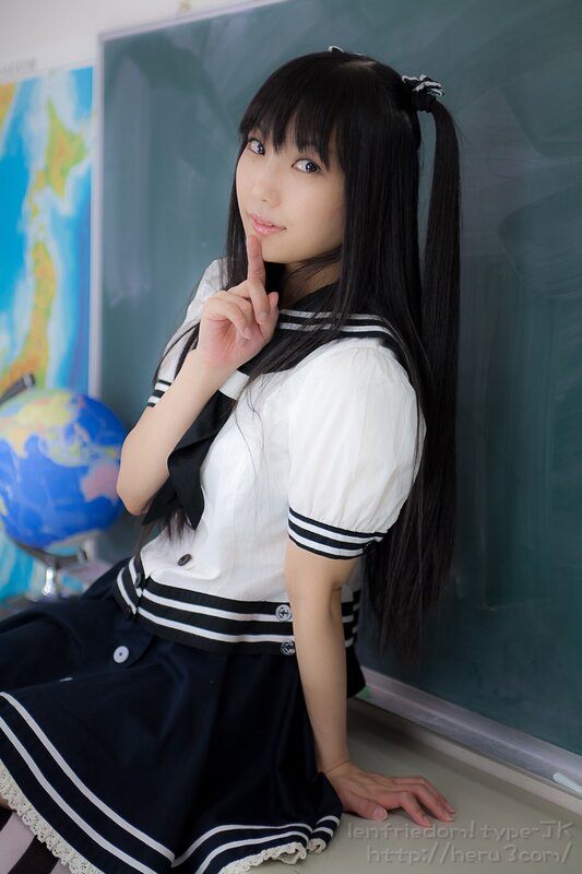 Girl in School Uniform — White, Neutral, Photograph, Blackboard