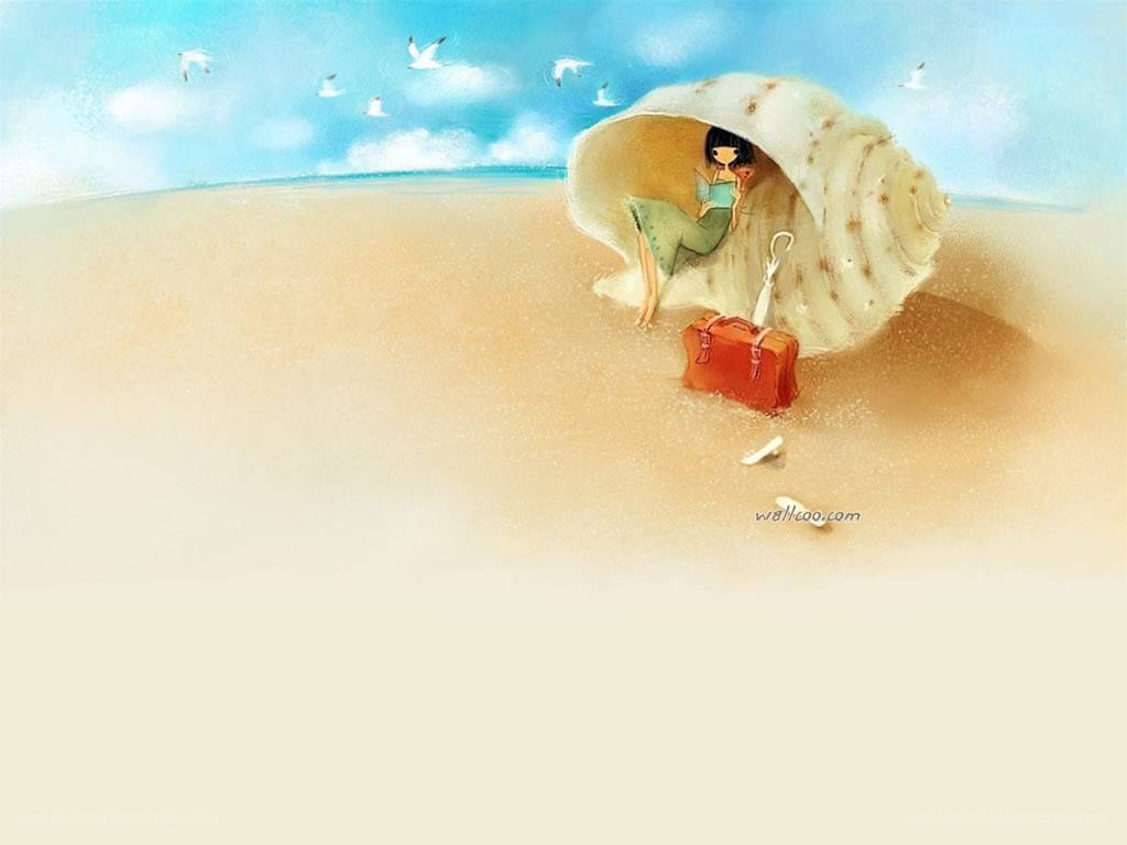 girl in seashell on beach