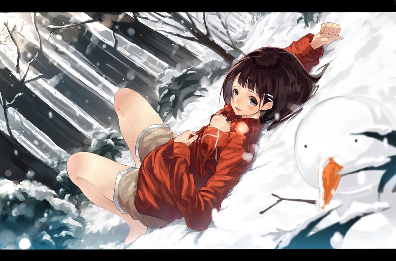 Girl in snow with snowman