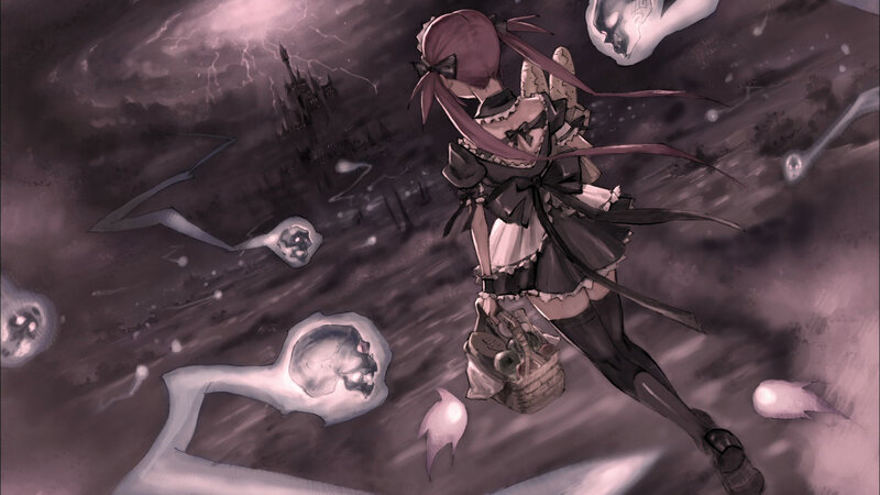 girl in storm with skulls