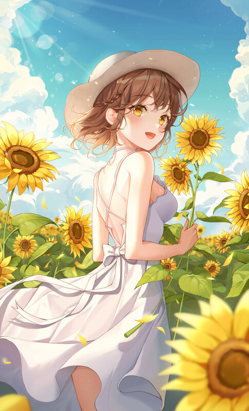Girl in Sunflower Field — Yellow, Serene, Afternoon, Anime, Sunflowers, Hat, Dress
