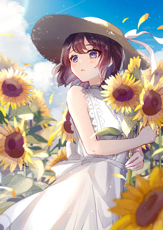 Girl in Sunflower Field — Yellow, Serene, Afternoon, Anime, Sunflowers, Hat