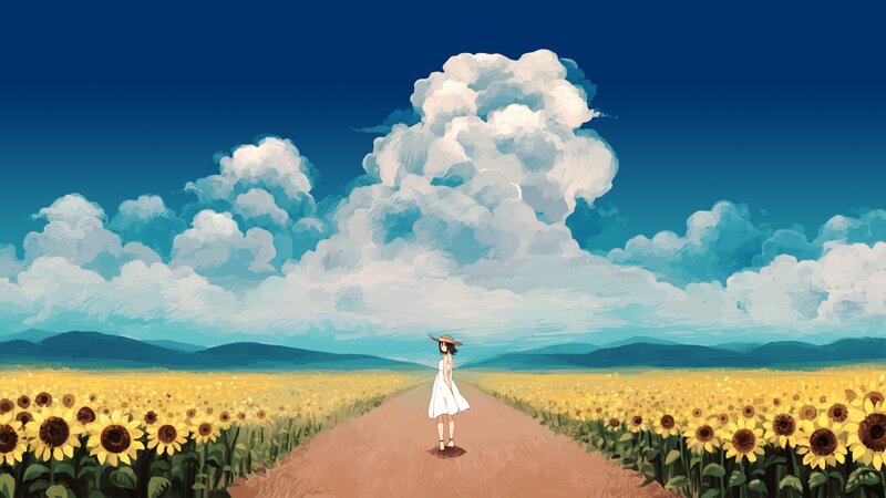 Girl in Sunflower Field — Yellow, Serene, Afternoon, Anime, Sunflowers
