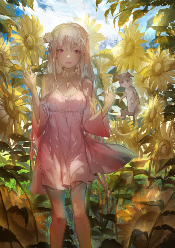 Girl in Sunflower Field — Yellow, Serene, Afternoon, Digital Art, Sunflowers