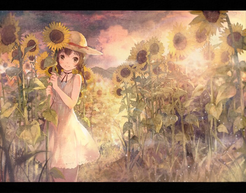 Girl in Sunflower Field — Yellow, Serene, Sunset, Digital Art