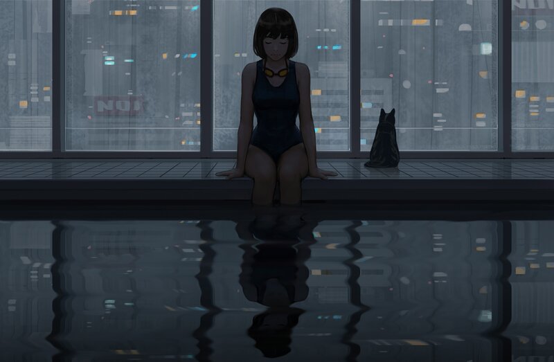 Girl in Swimsuit by Pool — Gray