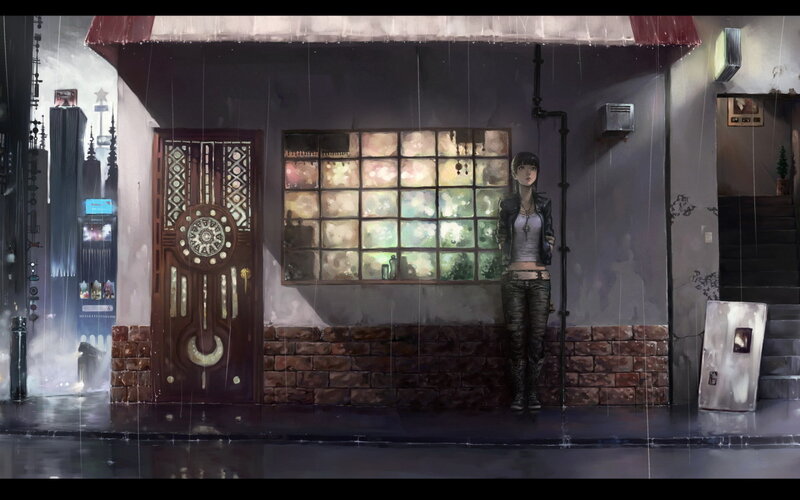 Girl in the rain at night