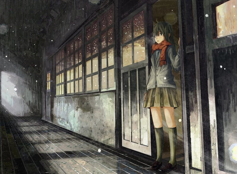 Girl in the rain at night