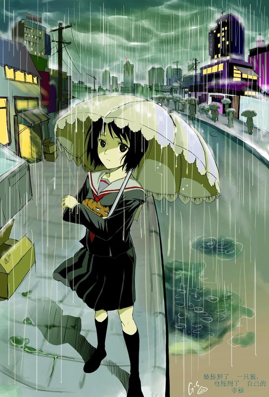 girl in the rain with cat
