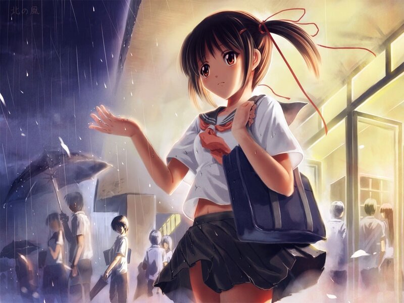 Girl in the rain with school uniform