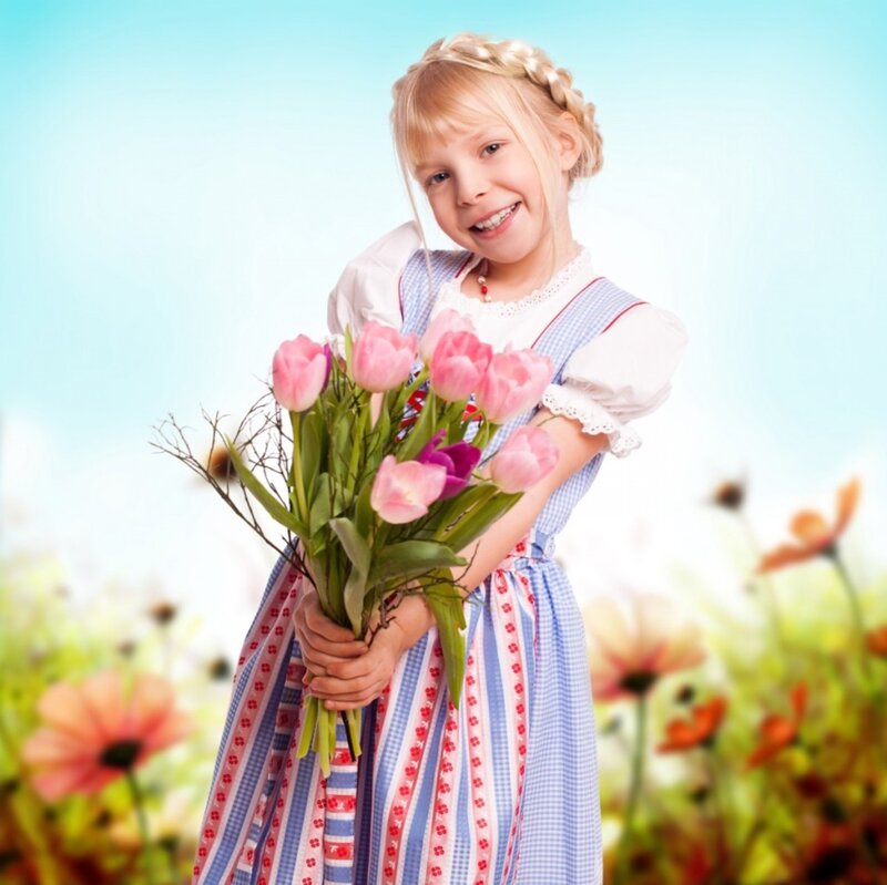Girl in Traditional Dress — Blue, Cheerful