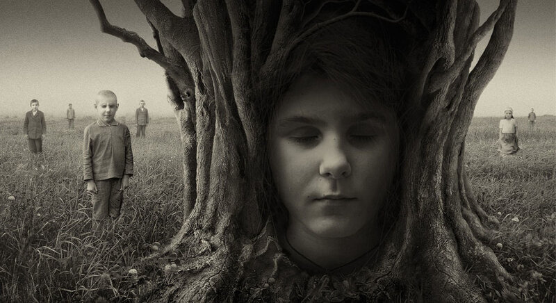 girl in tree with children