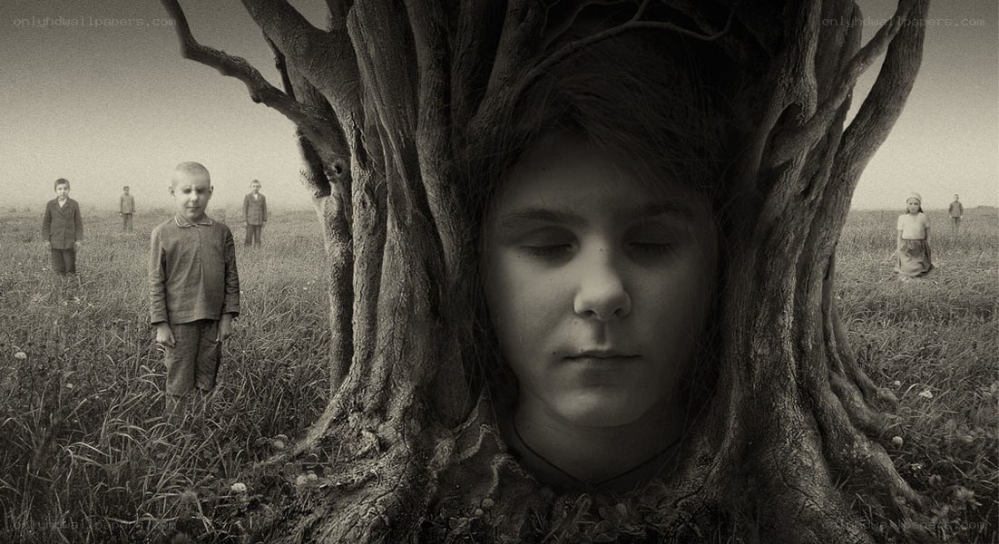 girl in tree with children