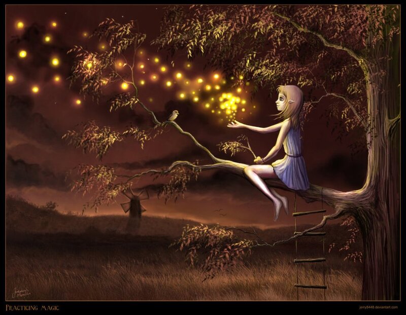 Girl in Tree with Fireflies — Brown