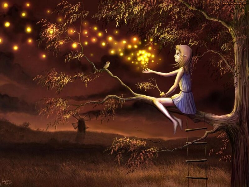 Girl in Tree with Fireflies