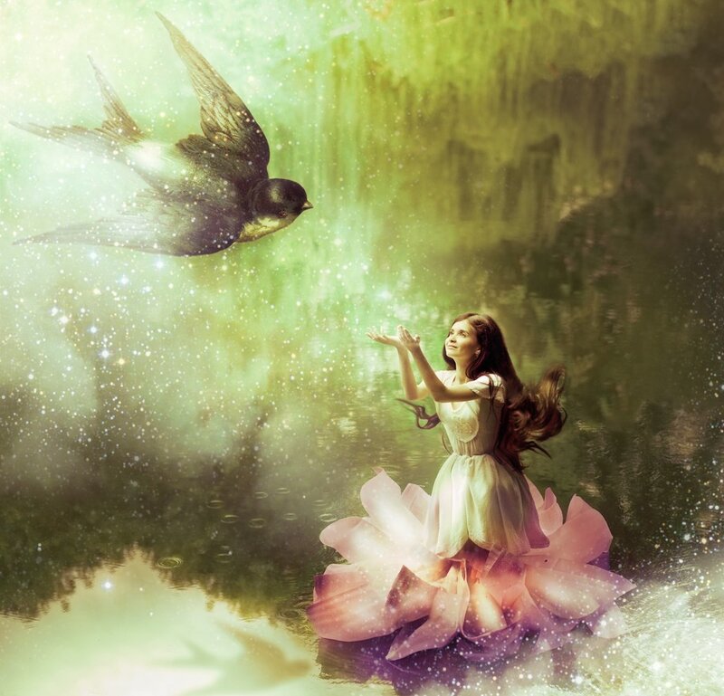 Girl in Water with Bird — Green