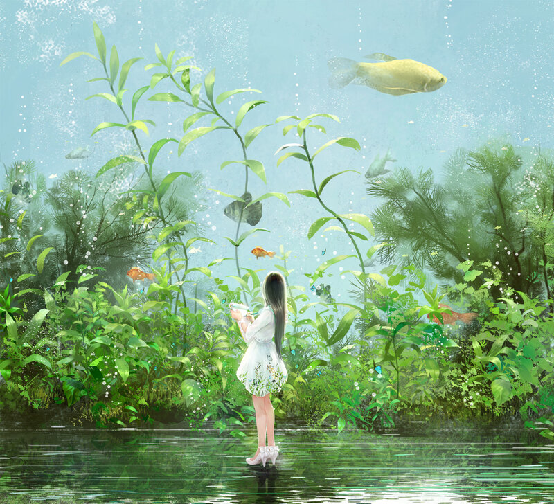 Girl in Water with Fish — Green