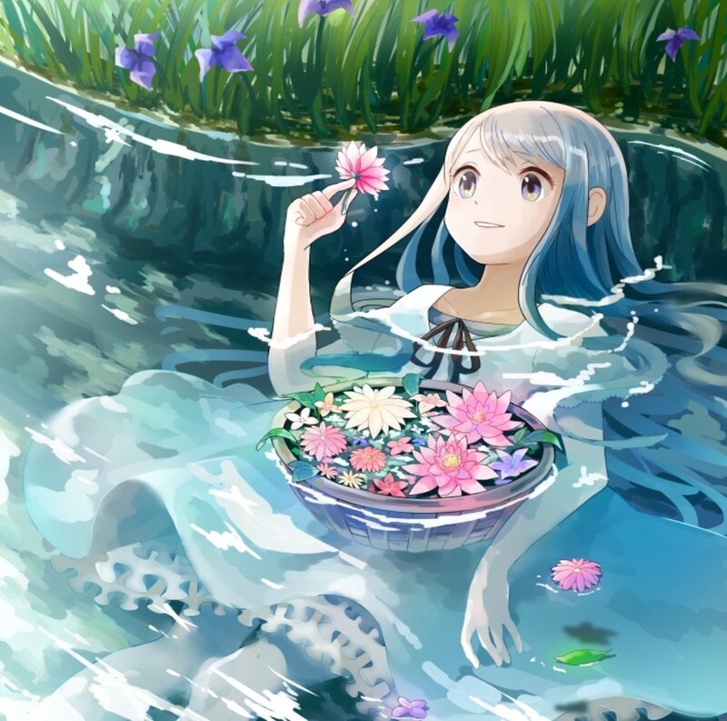 Girl in Water with Flowers