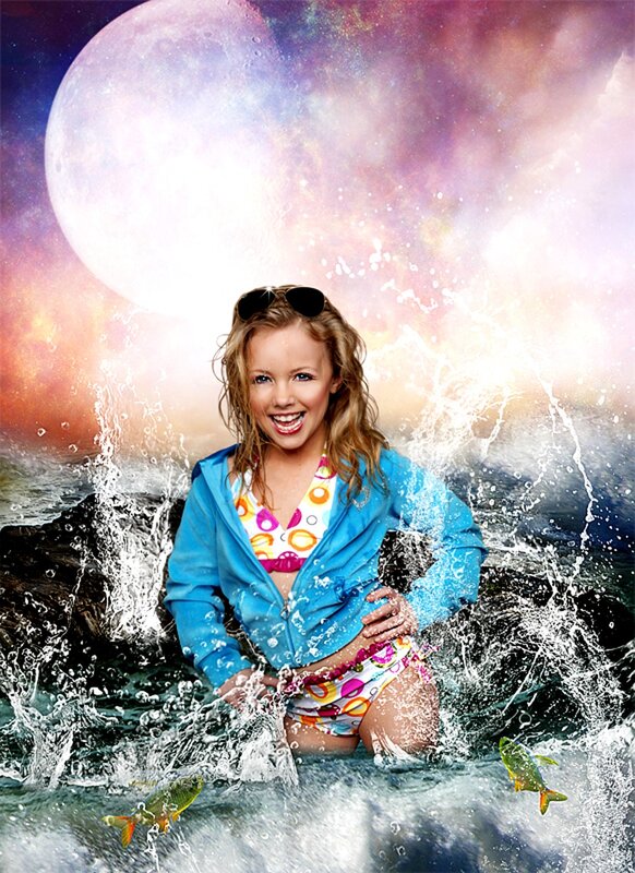 girl in water with moon background