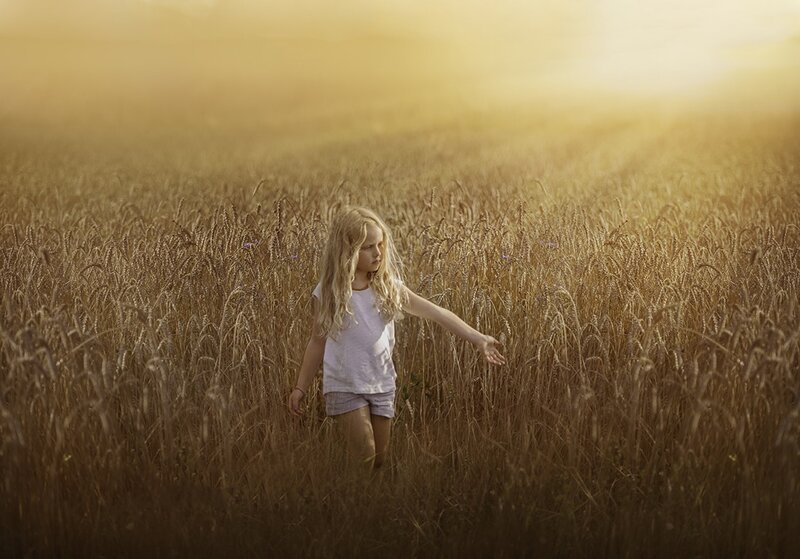 Girl in Wheat Field — Gold, Serene, Sunset