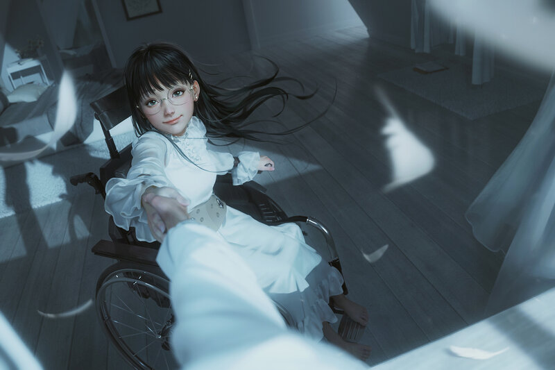 Girl in Wheelchair — White, Dramatic