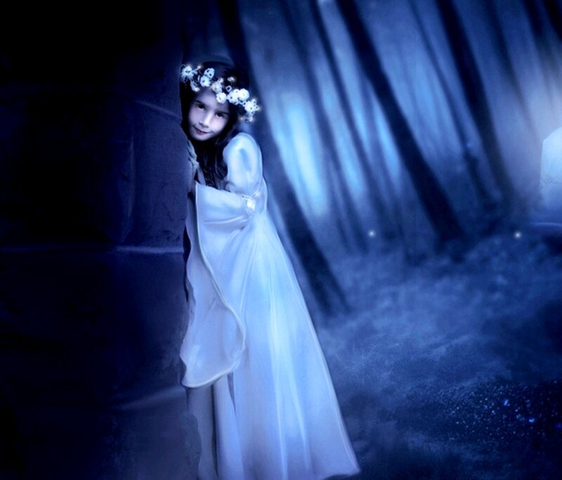 Girl in White Dress — Blue, Mysterious, Night, Digital Art