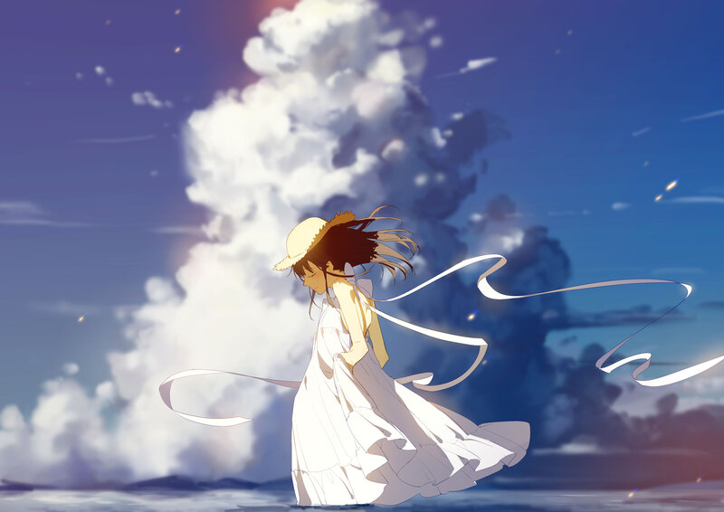 Girl in White Dress — Blue, Serene, Afternoon, Anime, Clouds