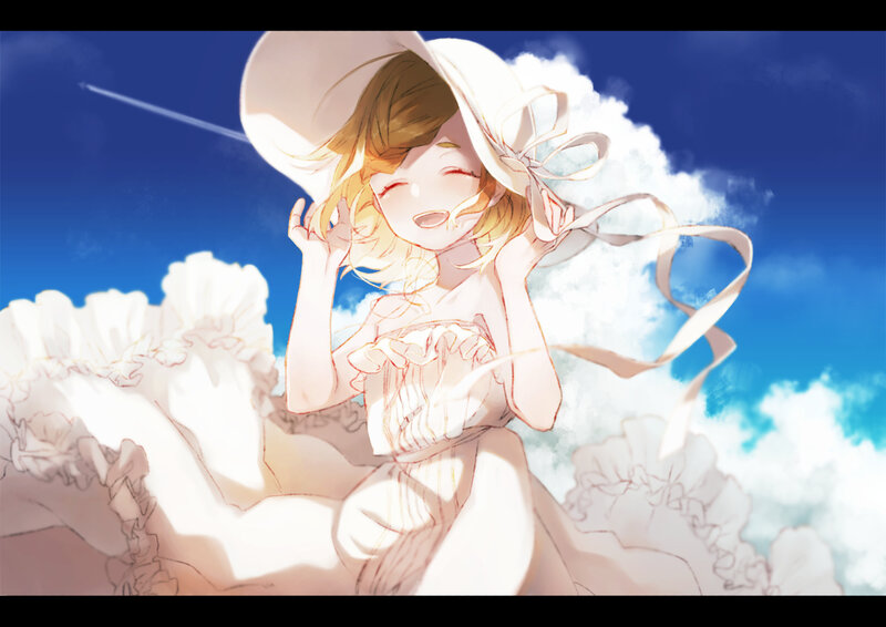 Girl in White Dress — Blue, Serene, Afternoon, Anime, Hat, Clouds