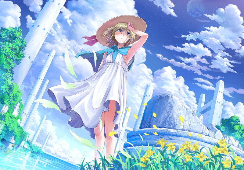 Girl in White Dress — Blue, Serene, Afternoon, Anime, Hat