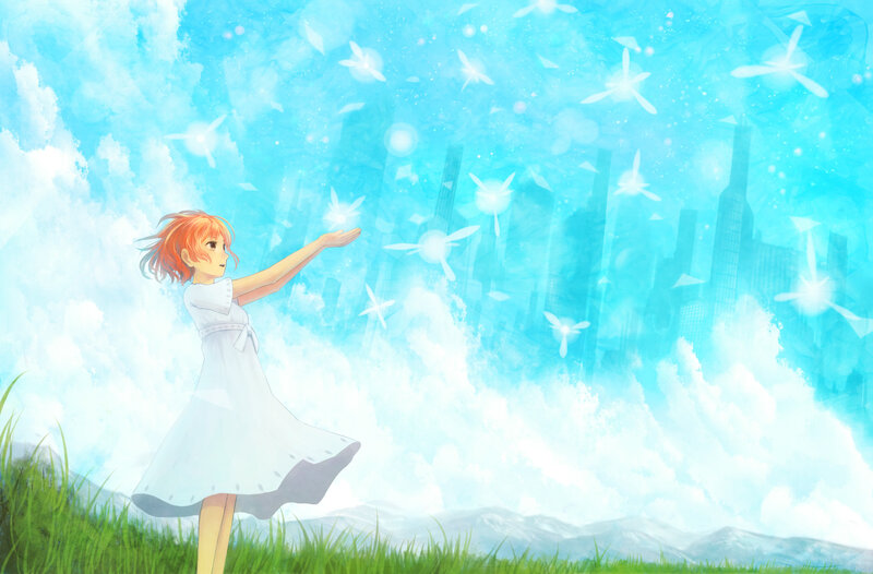 Girl in White Dress — Blue, Serene, Afternoon, Anime