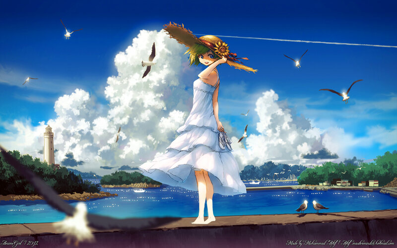 Girl in White Dress — Blue, Serene, Afternoon, Digital Art, Seagulls