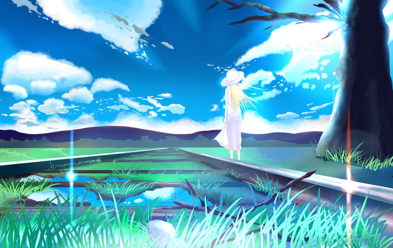 Girl in White Dress — Blue, Serene, Afternoon