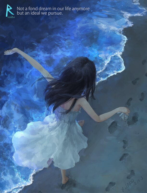 Girl in White Dress — Blue, Serene, Digital Art, Ocean
