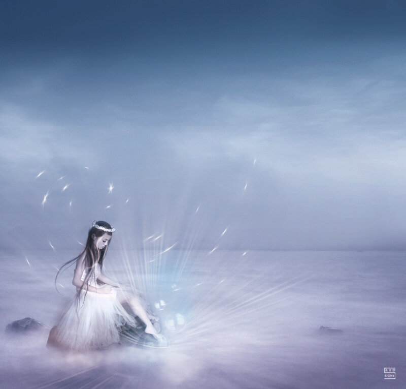 Girl in White Dress — Blue, Serene, Digital Art