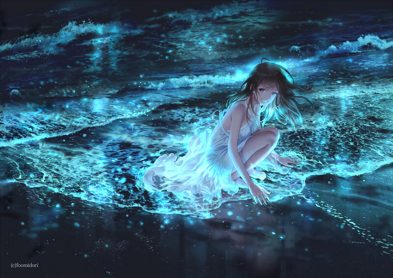 Girl in White Dress — Blue, Serene, Night, Digital Art