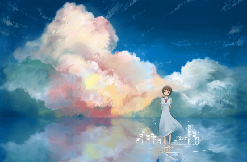 Girl in White Dress — Blue, Serene, Sunset, Digital Art