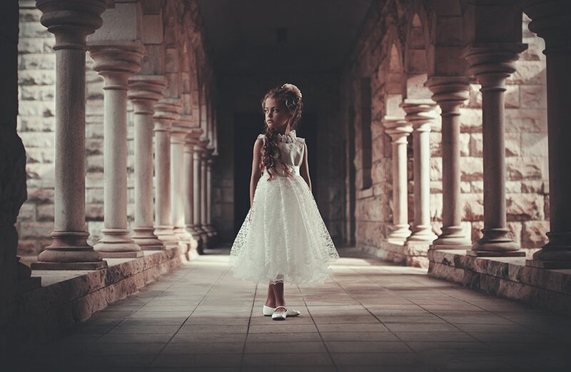Girl in White Dress — Dramatic, Photograph, Columns