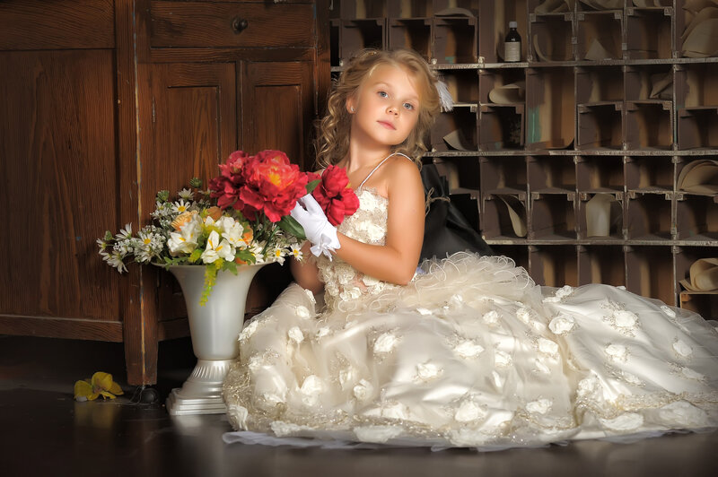 Girl in White Dress — Dramatic, Photograph, Flowers
