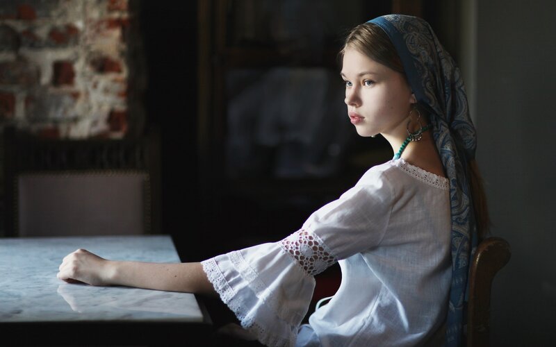 Girl in White Dress — Dramatic, Photograph, Table