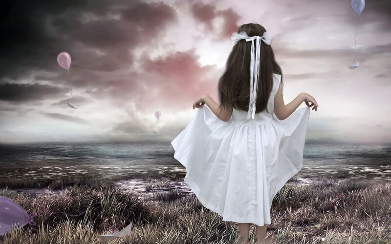Girl in White Dress — Dramatic, Sunset, Digital Art, Balloons