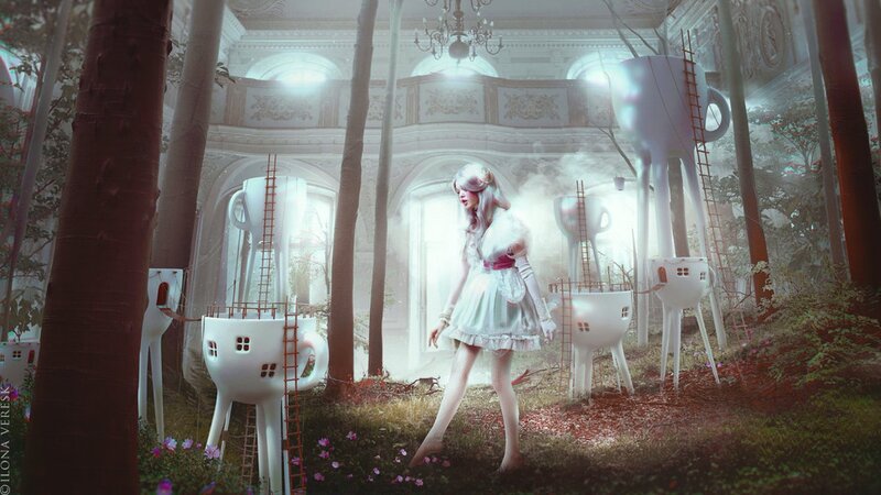 Girl in White Dress — Dreamy, Digital Art, Teacups