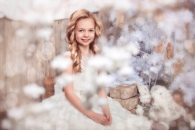 Girl in White Dress — Festive, Winter, Photograph, Christmas Tree