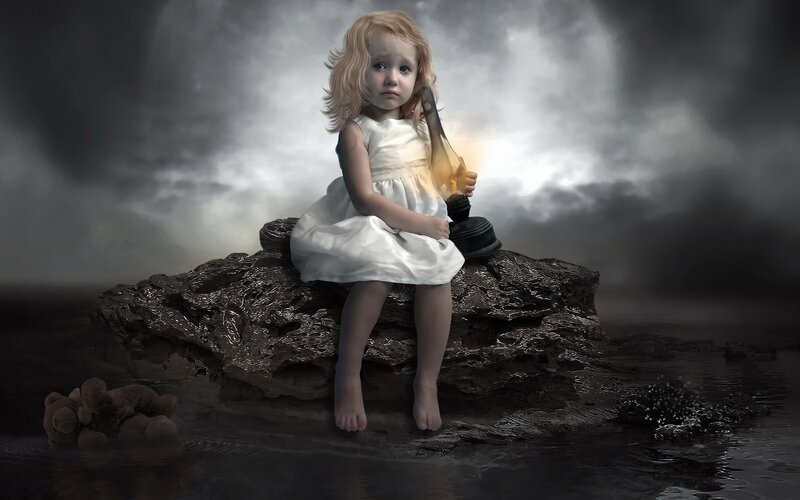 Girl in White Dress — Gray, Dramatic