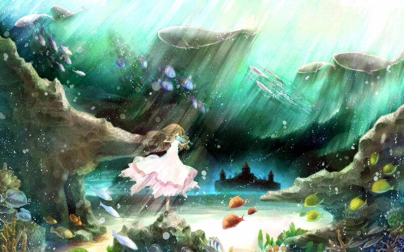 Girl in White Dress — Green, Serene, Digital Art