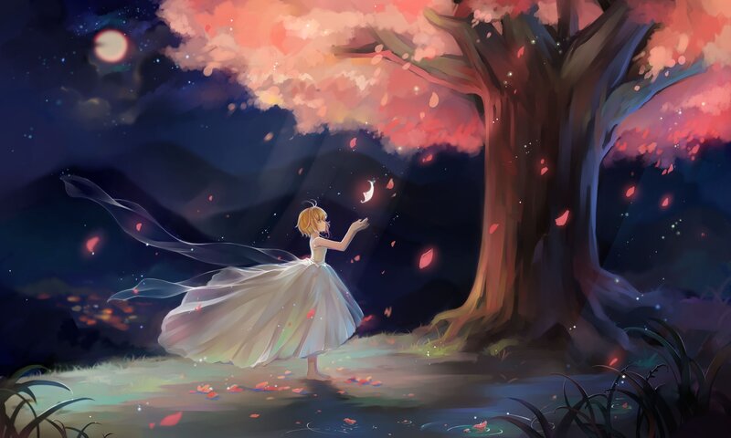 Girl in White Dress — Pink, Serene, Night