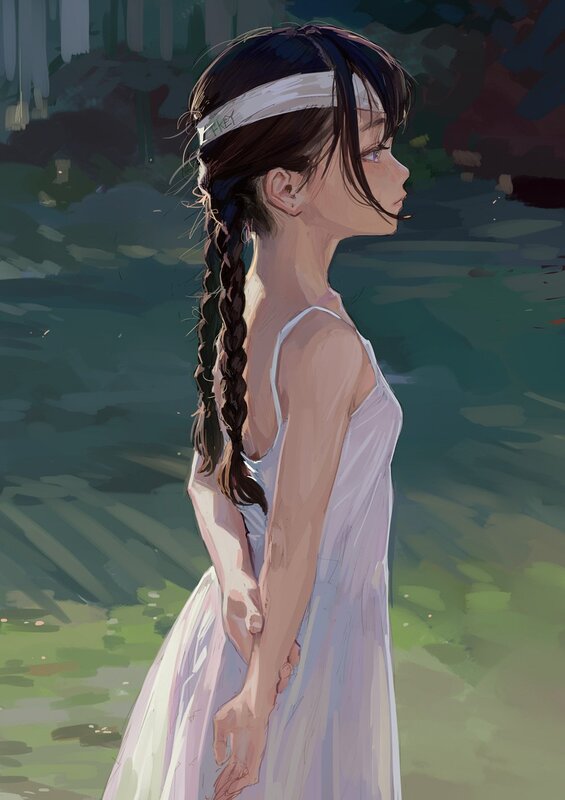 Girl in White Dress — Serene, Afternoon, Digital Art, Braid