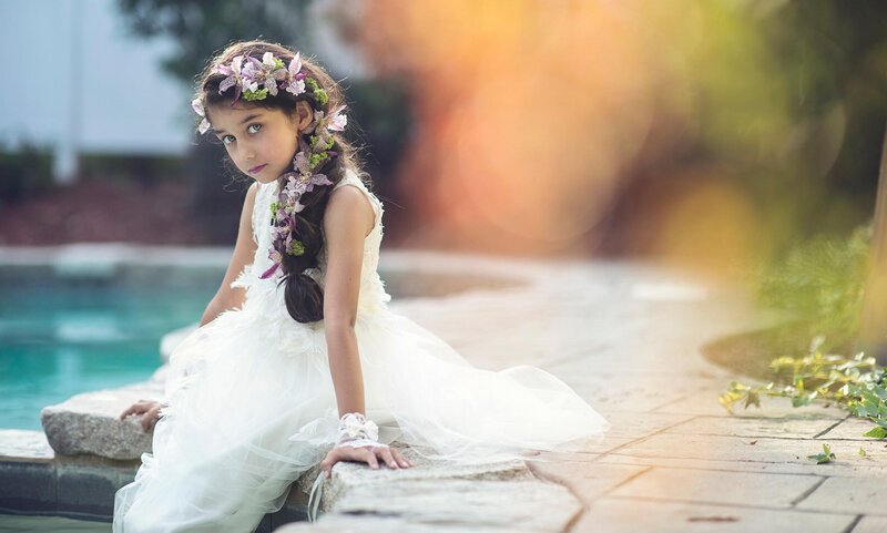 Girl in White Dress — Serene, Afternoon, Photograph, Flower Crown, Pool