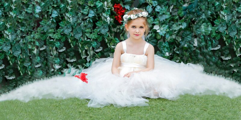 Girl in White Dress — Serene, Afternoon, Photograph, Flower Crown, Tulle Dress, Green Leaves