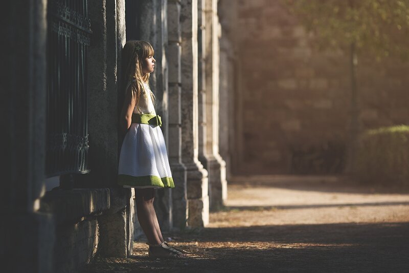 Girl in White Dress — Serene, Afternoon, Photograph, Stone Wall